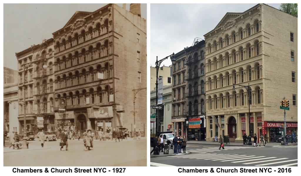 New Yory City historical photos. History then and now. Before and after photos. Chambers and Church Street New York City 1927 and 2016
